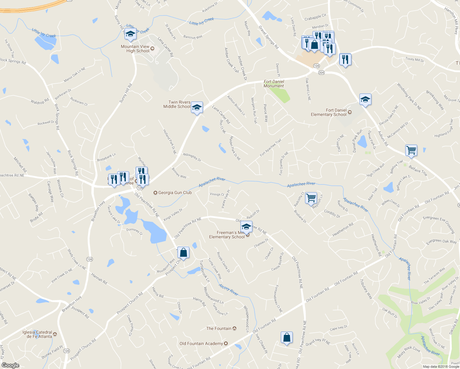 map of restaurants, bars, coffee shops, grocery stores, and more near 2182 Paces Vale Place in Lawrenceville