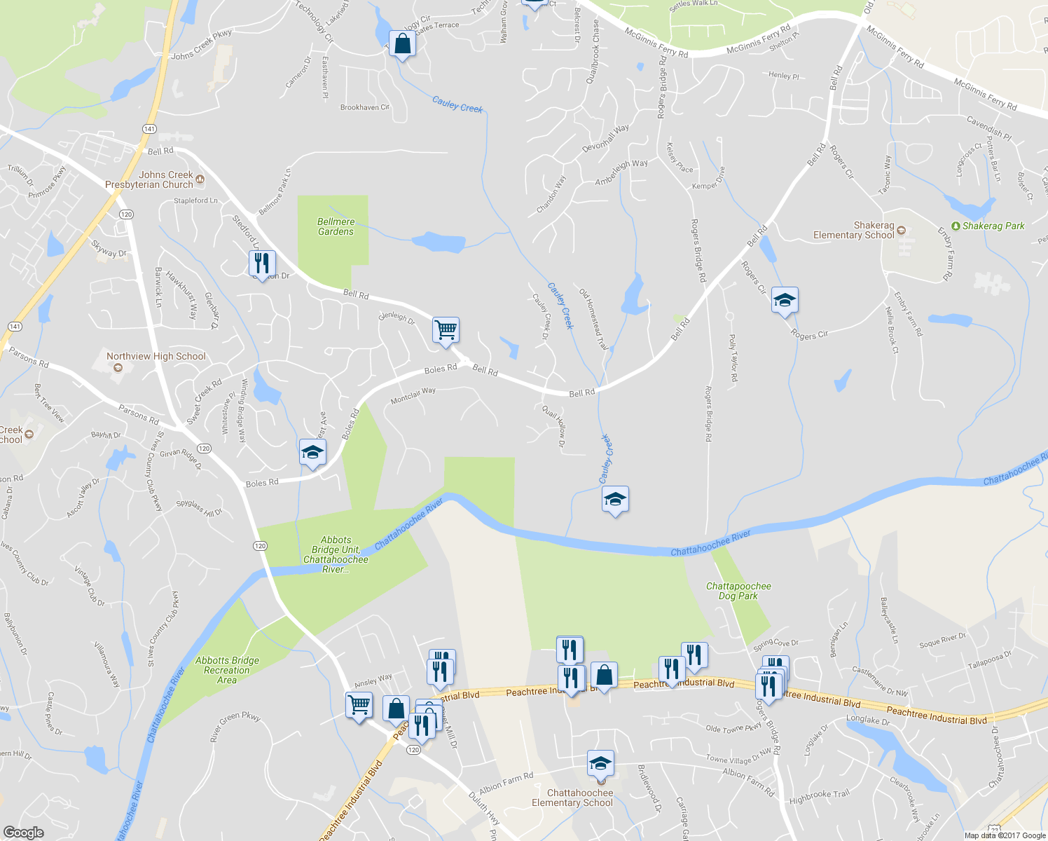 map of restaurants, bars, coffee shops, grocery stores, and more near 625 Covey Place in Duluth