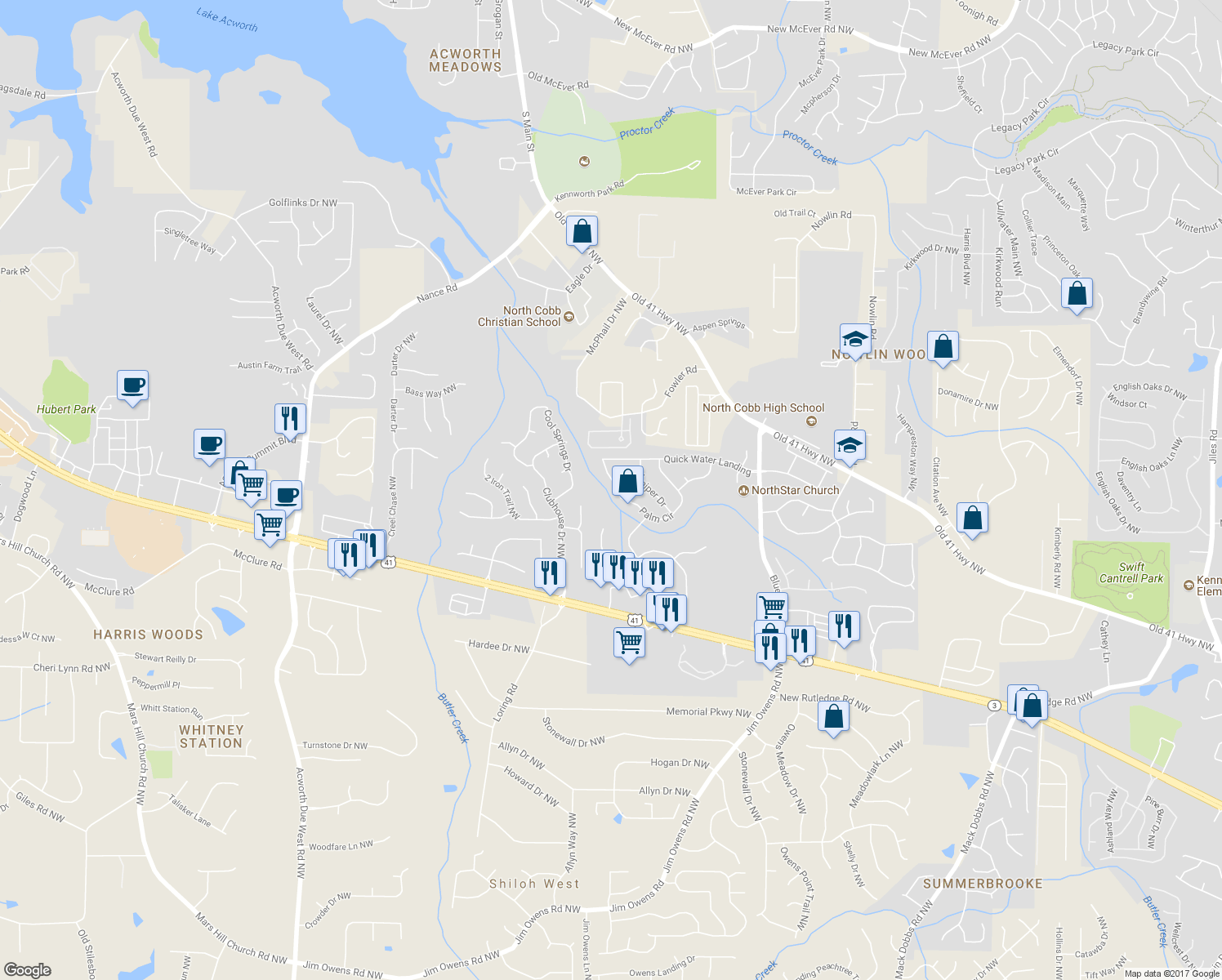 map of restaurants, bars, coffee shops, grocery stores, and more near 3372 Palm Circle in Kennesaw