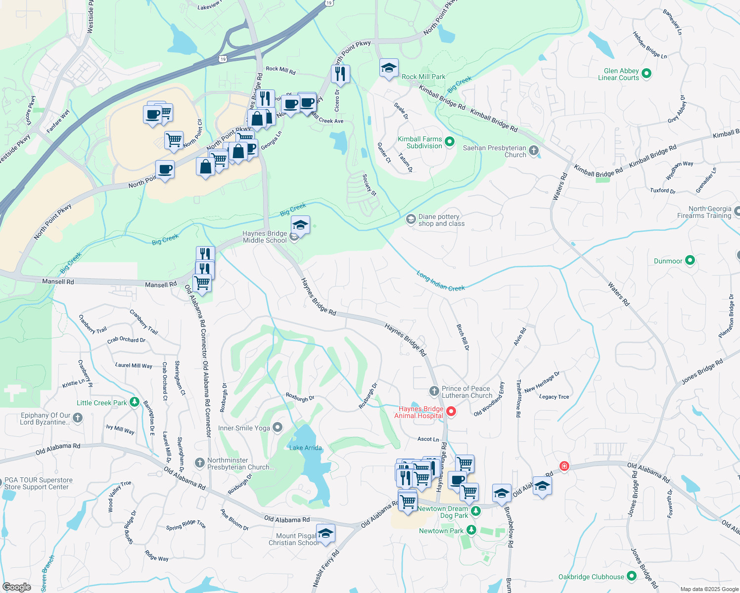 map of restaurants, bars, coffee shops, grocery stores, and more near 790 Thornberry Drive in Alpharetta