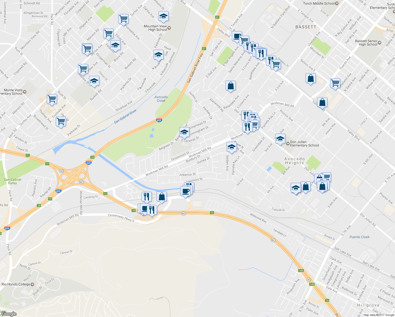 map of restaurants, bars, coffee shops, grocery stores, and more near 1060 Bunbury Drive in Whittier