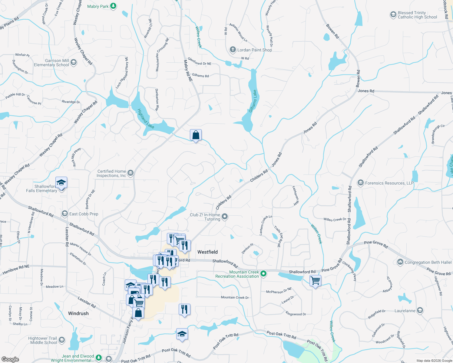 map of restaurants, bars, coffee shops, grocery stores, and more near 4675 Cambridge Approach Cir in Roswell