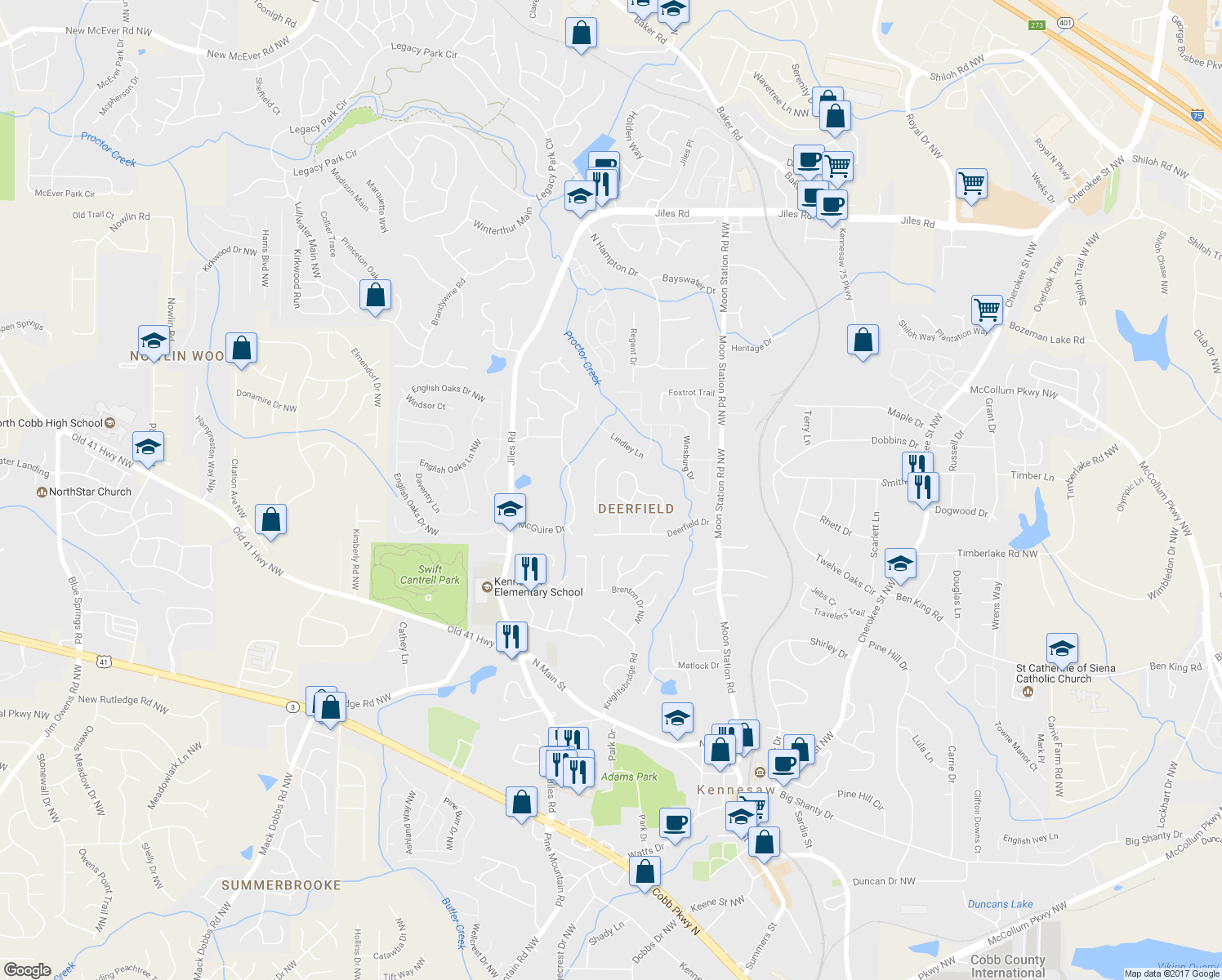 map of restaurants, bars, coffee shops, grocery stores, and more near 5431 Deerfield Place in Kennesaw