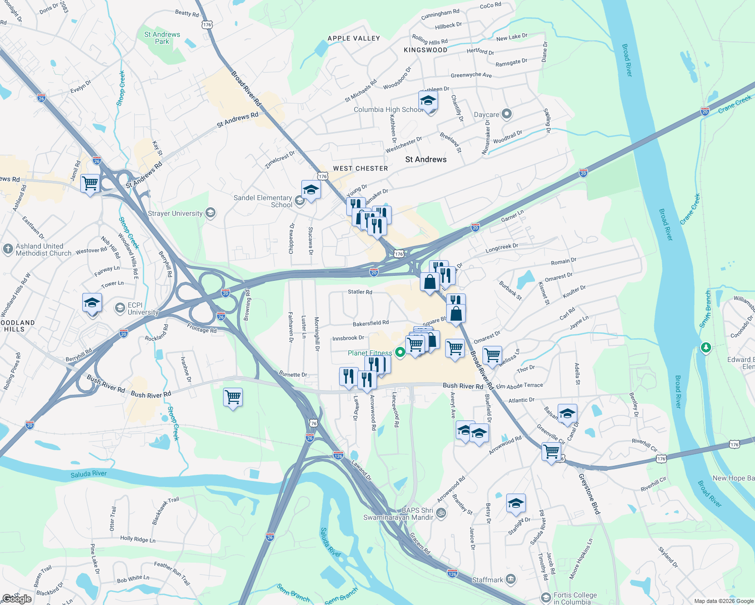 map of restaurants, bars, coffee shops, grocery stores, and more near 1119 Shirlington Road in Columbia