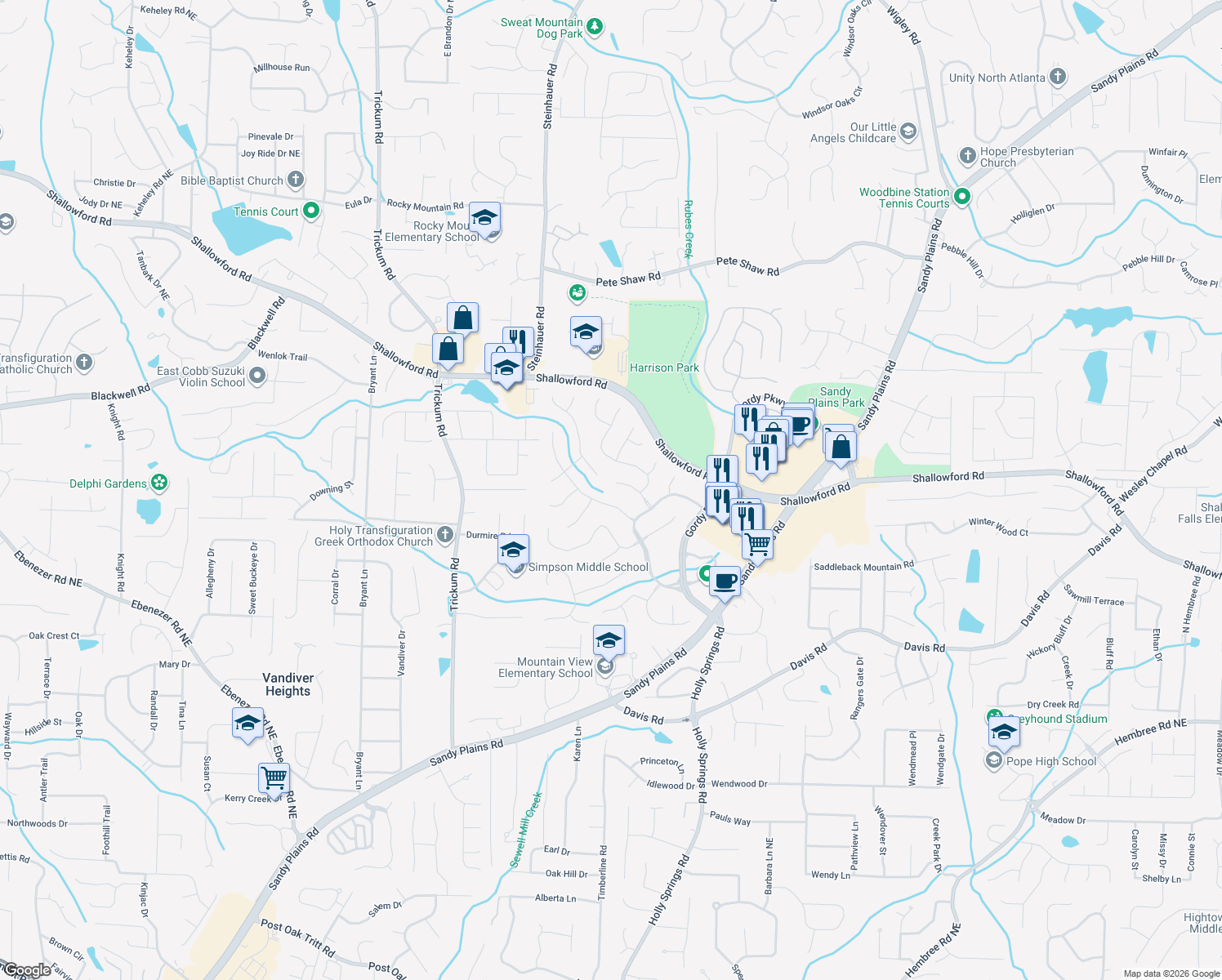 map of restaurants, bars, coffee shops, grocery stores, and more near 3415 Bonaire Crossing in Marietta