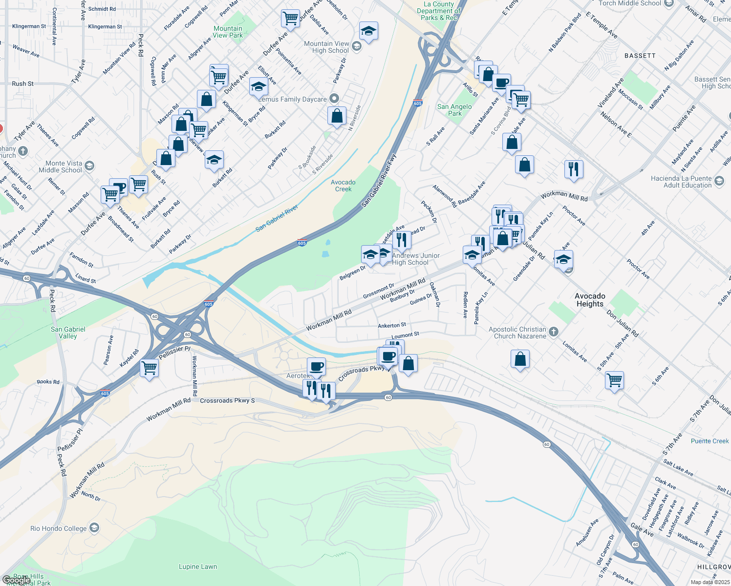 map of restaurants, bars, coffee shops, grocery stores, and more near 1263 Grossmont Drive in Whittier