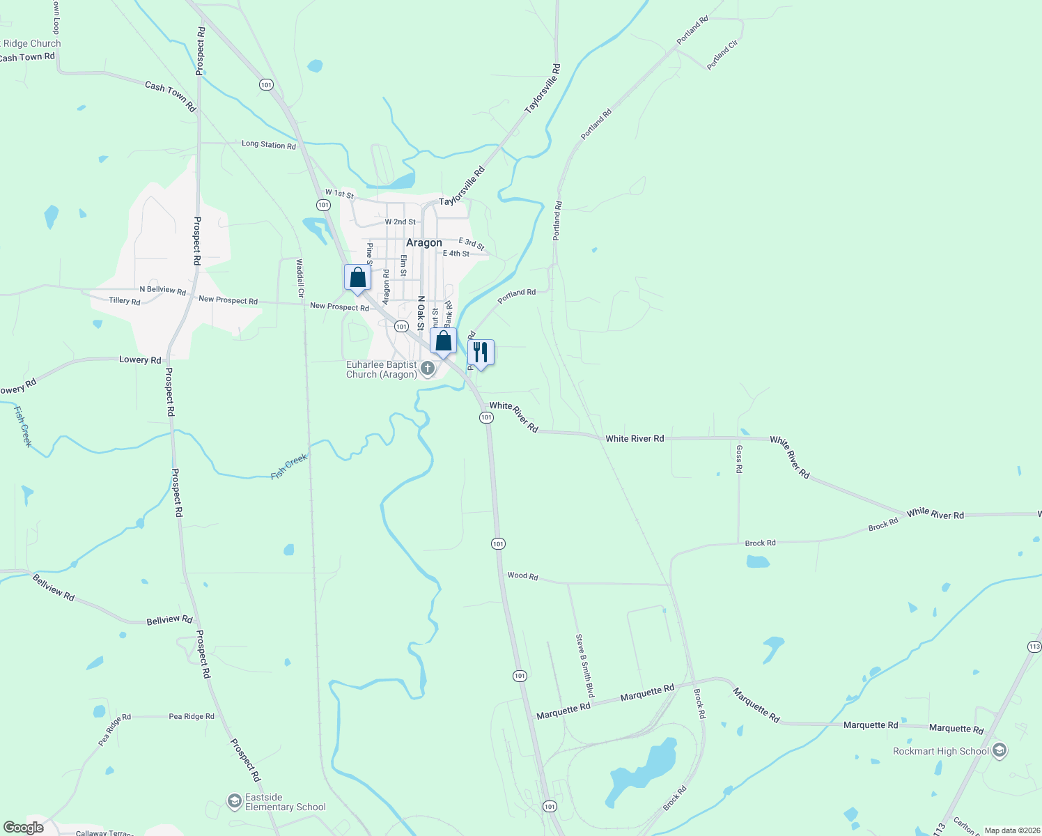 map of restaurants, bars, coffee shops, grocery stores, and more near 82 White River Road in Rockmart
