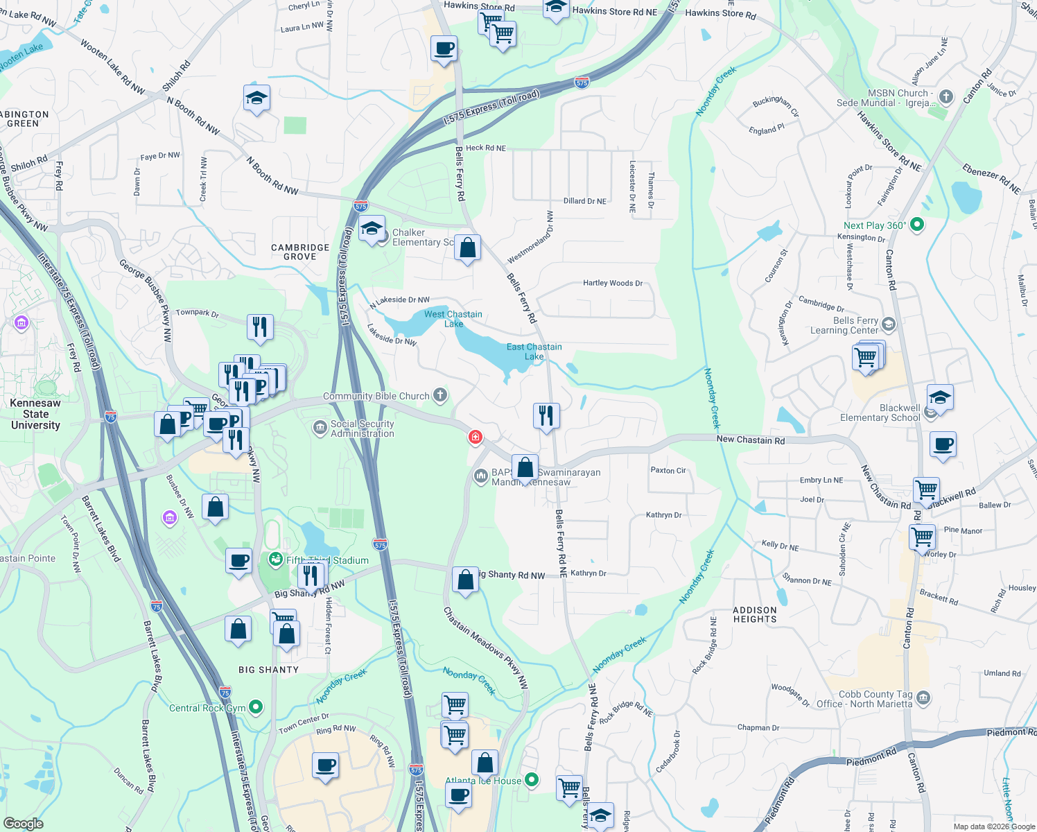 map of restaurants, bars, coffee shops, grocery stores, and more near 3457 Fairview Ct in Kennesaw