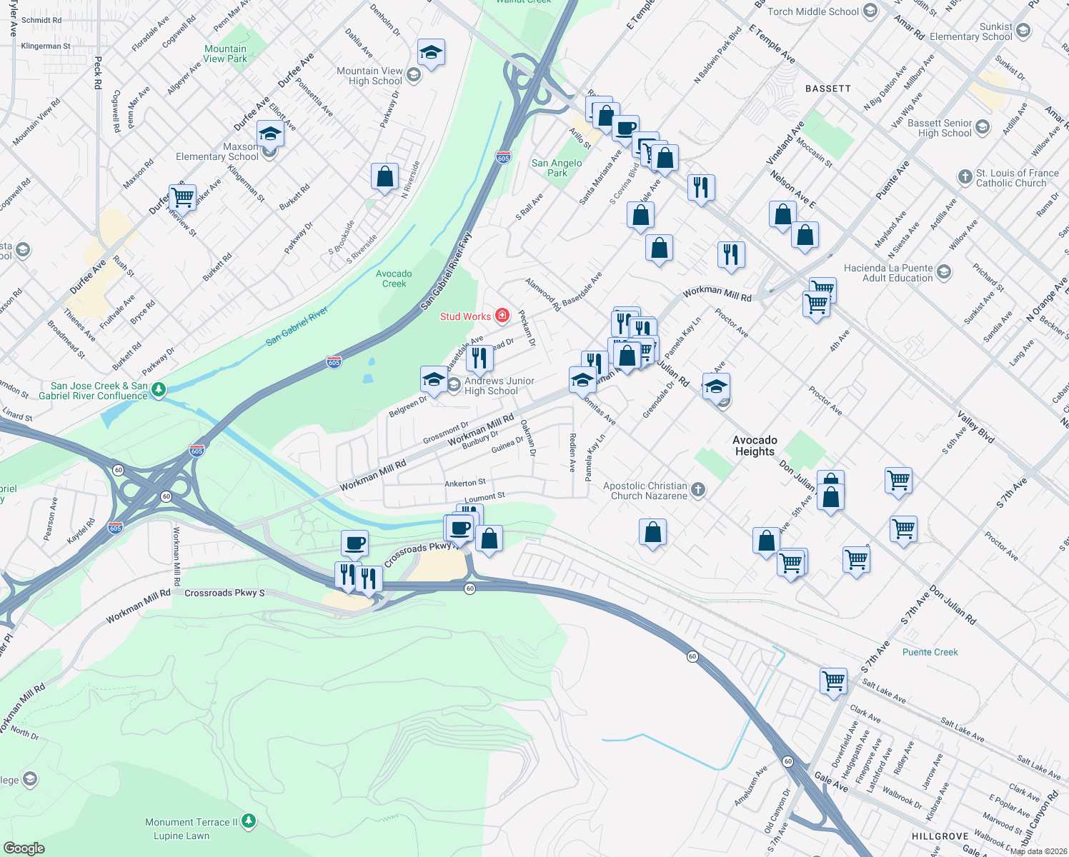 map of restaurants, bars, coffee shops, grocery stores, and more near 933 Guinea Drive in Whittier