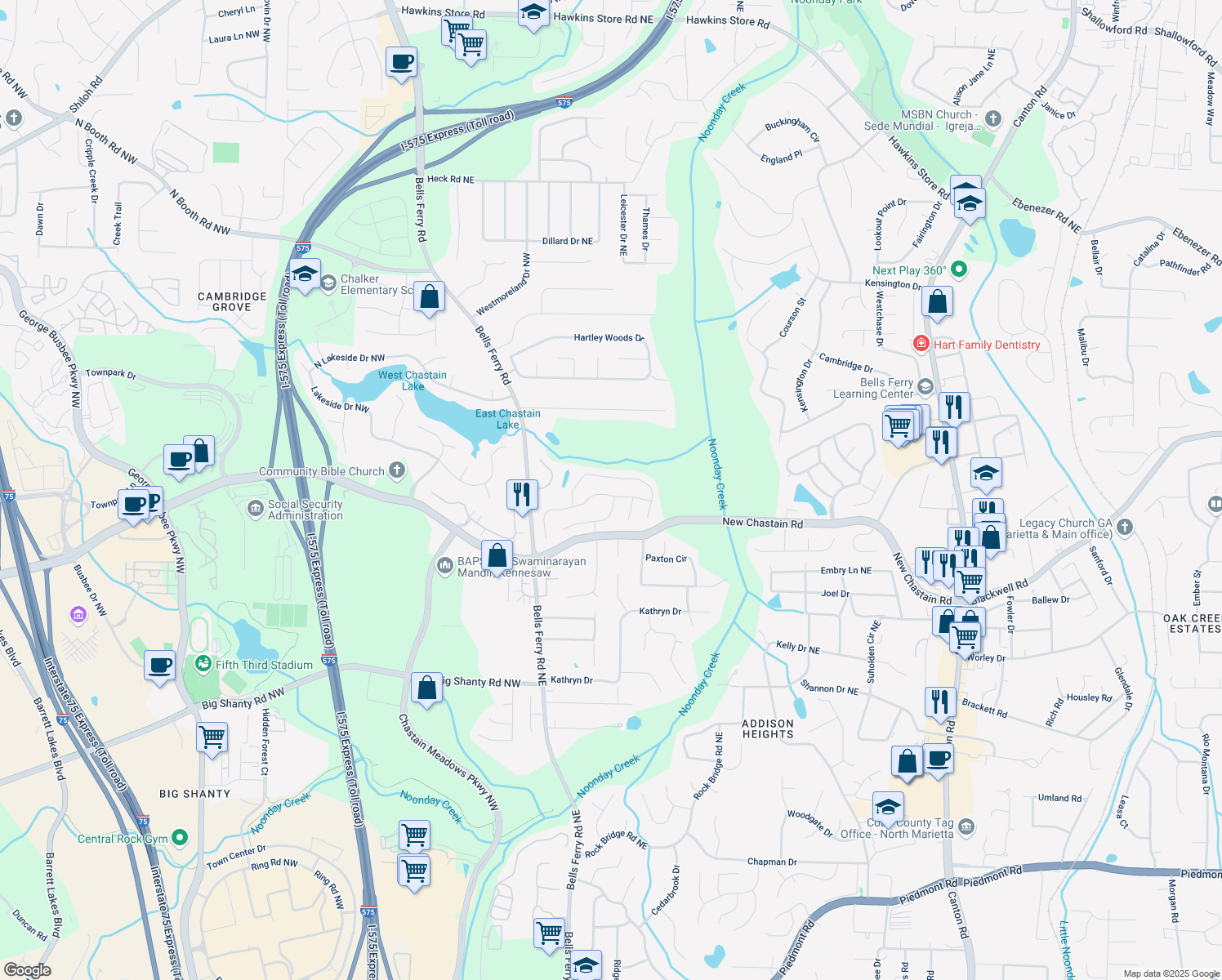 map of restaurants, bars, coffee shops, grocery stores, and more near 193 Rotherhithe Lane Northeast in Marietta