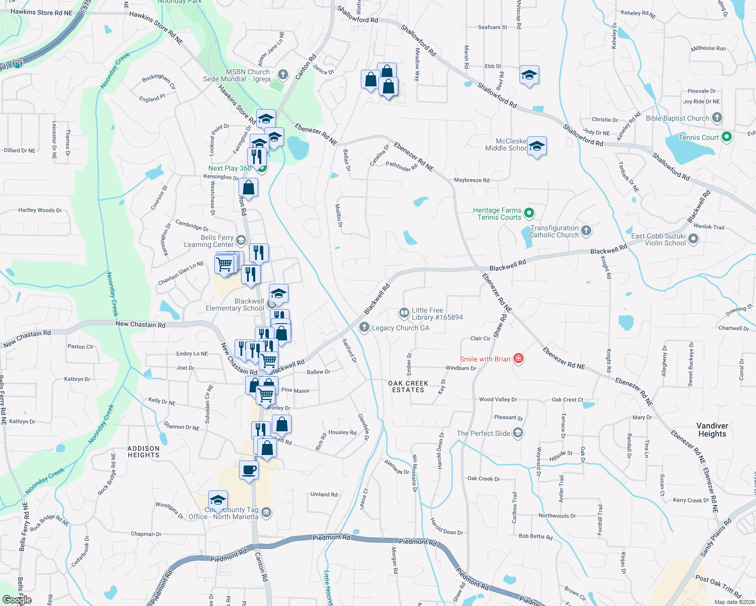 map of restaurants, bars, coffee shops, grocery stores, and more near 1160 Autumn Ridge Drive in Marietta