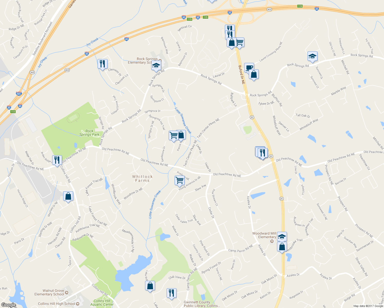 map of restaurants, bars, coffee shops, grocery stores, and more near 2456 Suwanee Pointe Drive in Lawrenceville