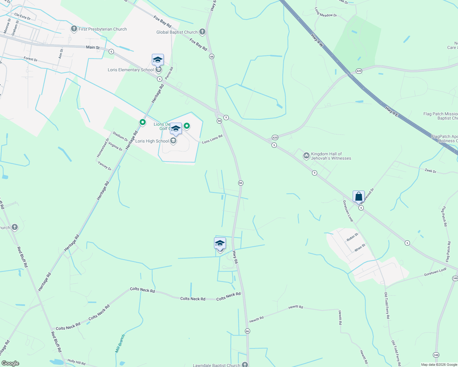 map of restaurants, bars, coffee shops, grocery stores, and more near 5100 Doyce Lane in Loris