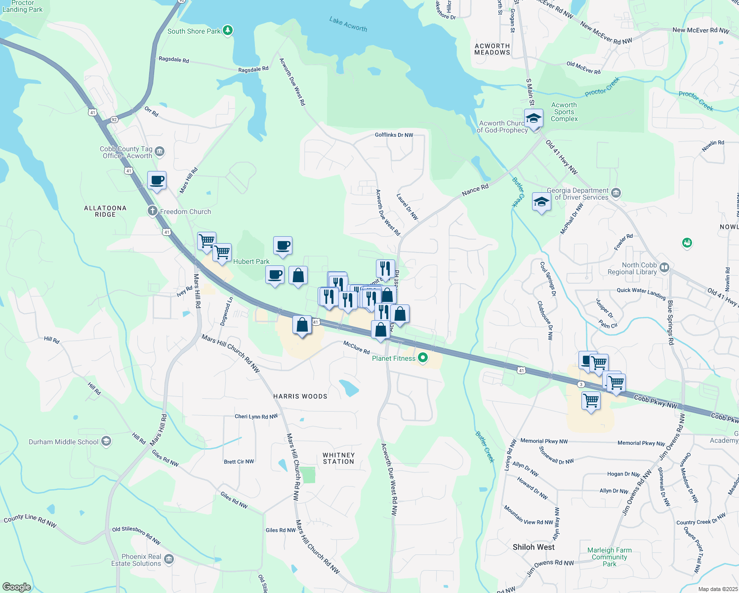 map of restaurants, bars, coffee shops, grocery stores, and more near 3362 Acworth Summit Boulevard in Acworth