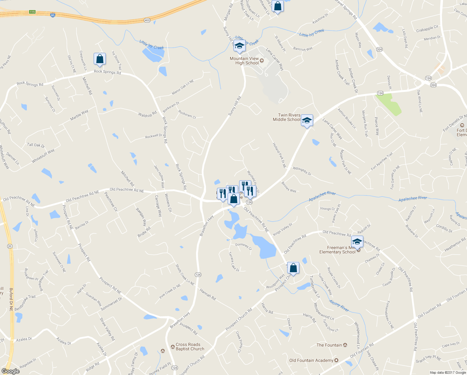 map of restaurants, bars, coffee shops, grocery stores, and more near 2043 Arbor Springs Way in Buford