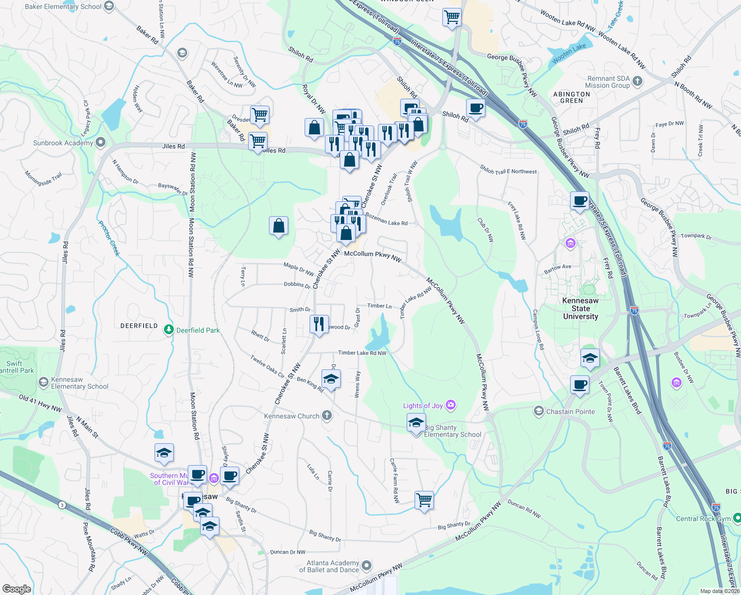 map of restaurants, bars, coffee shops, grocery stores, and more near 1850 Grant Ct in Kennesaw