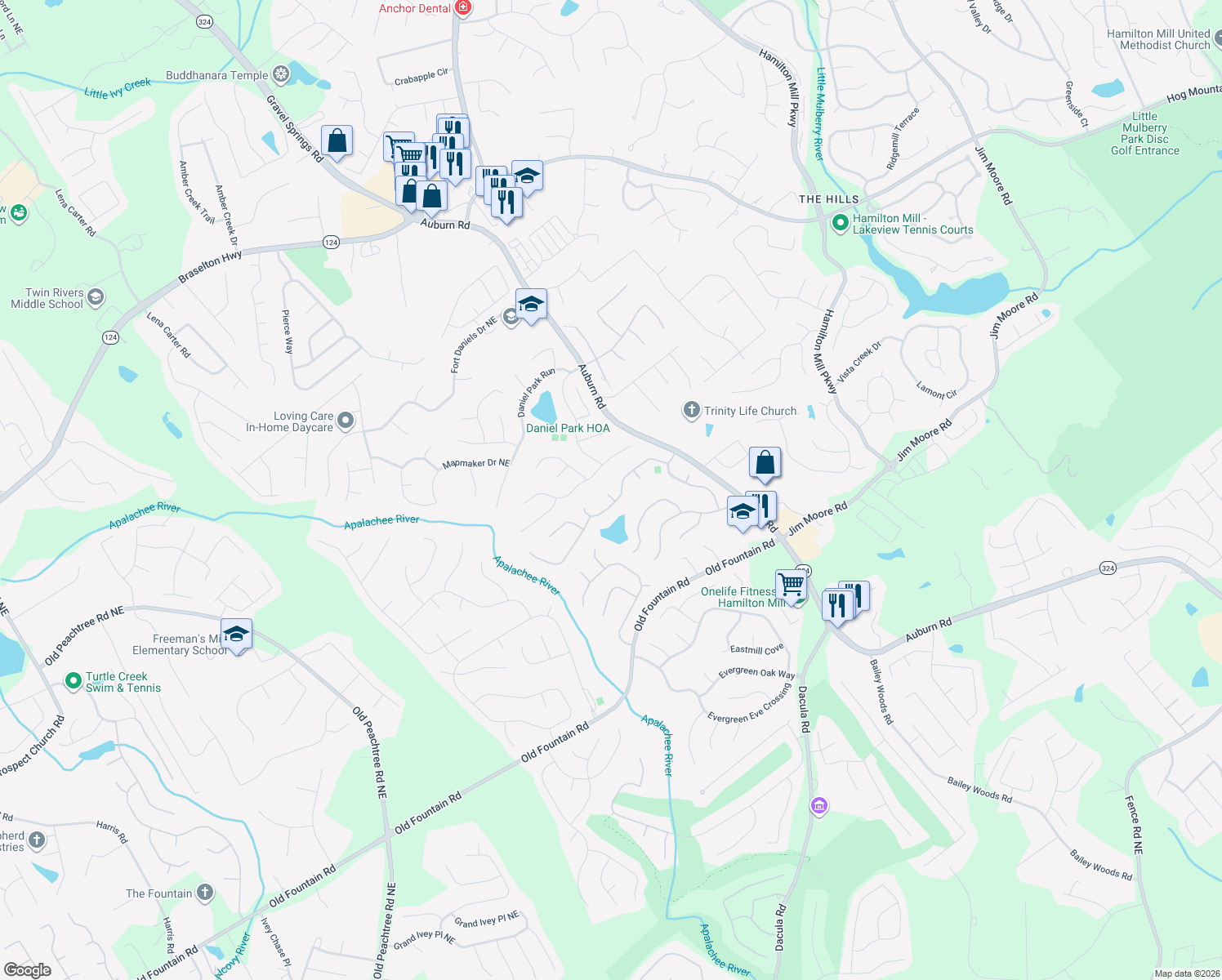 map of restaurants, bars, coffee shops, grocery stores, and more near 1419 Fairdale Court in Dacula