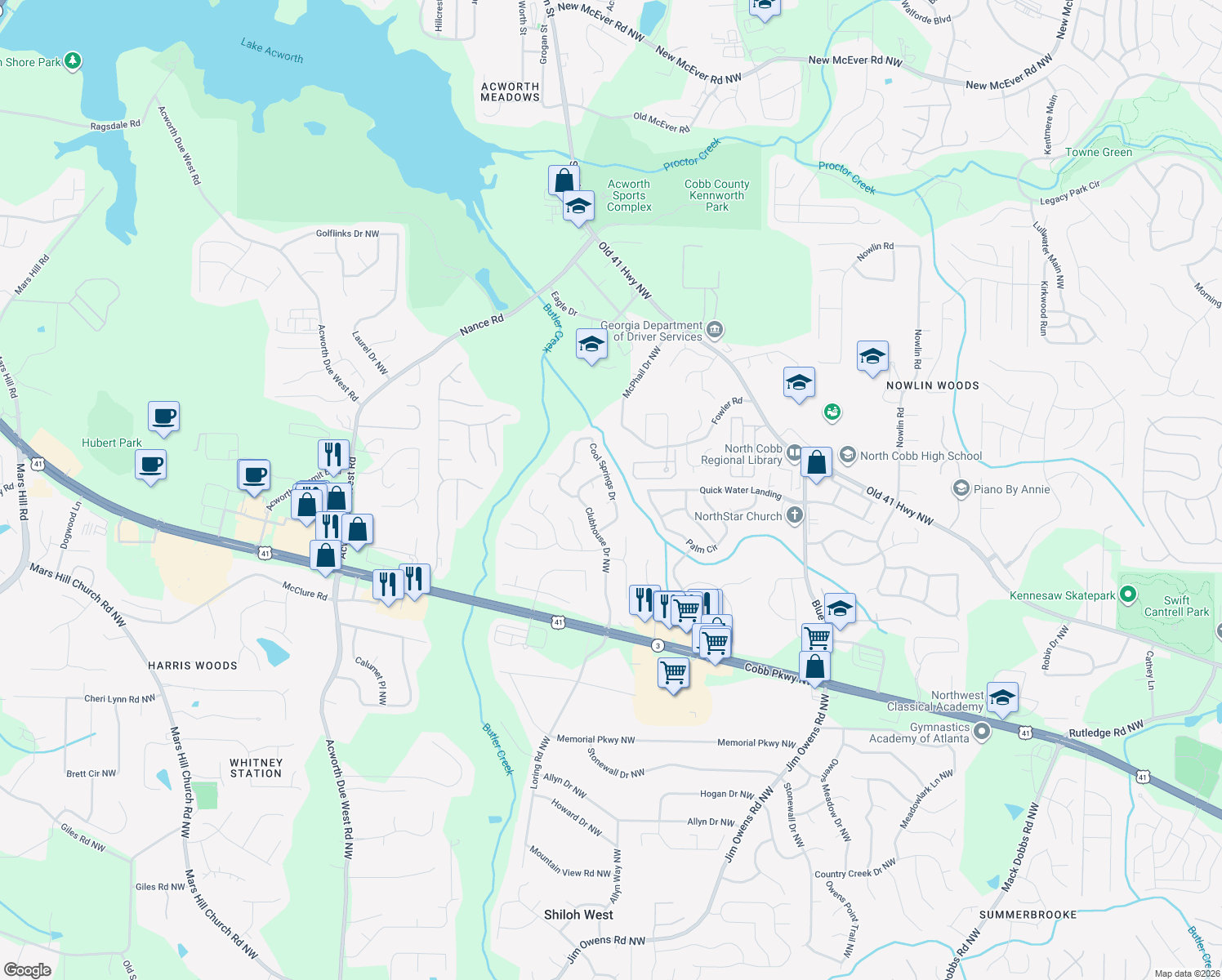 map of restaurants, bars, coffee shops, grocery stores, and more near 1123 Cool Springs Dr in Kennesaw
