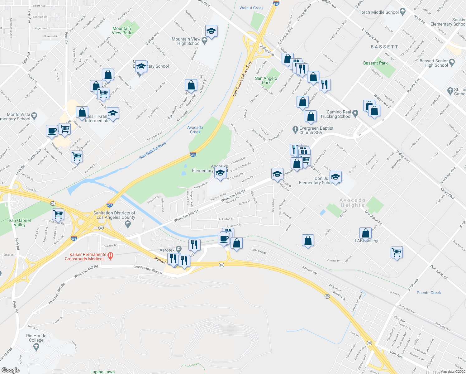 map of restaurants, bars, coffee shops, grocery stores, and more near 1010 El Capitan Court in Whittier