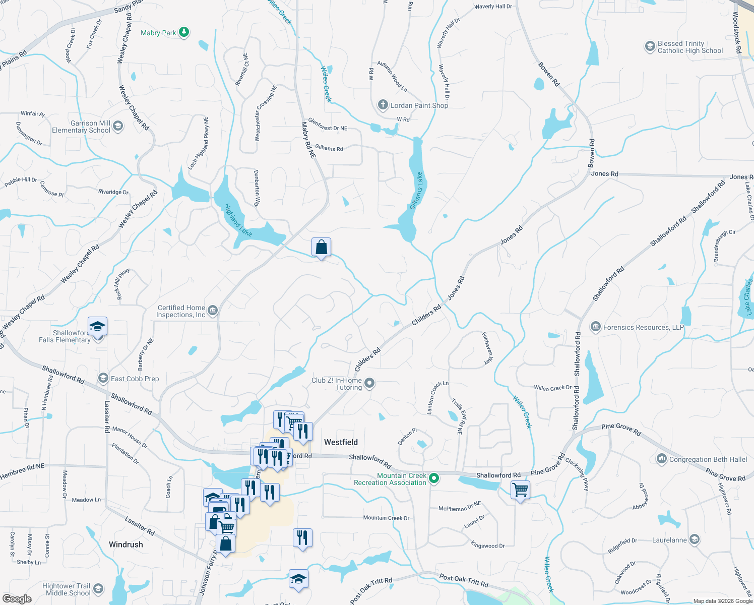map of restaurants, bars, coffee shops, grocery stores, and more near 3636 Childers Way Northeast in Roswell