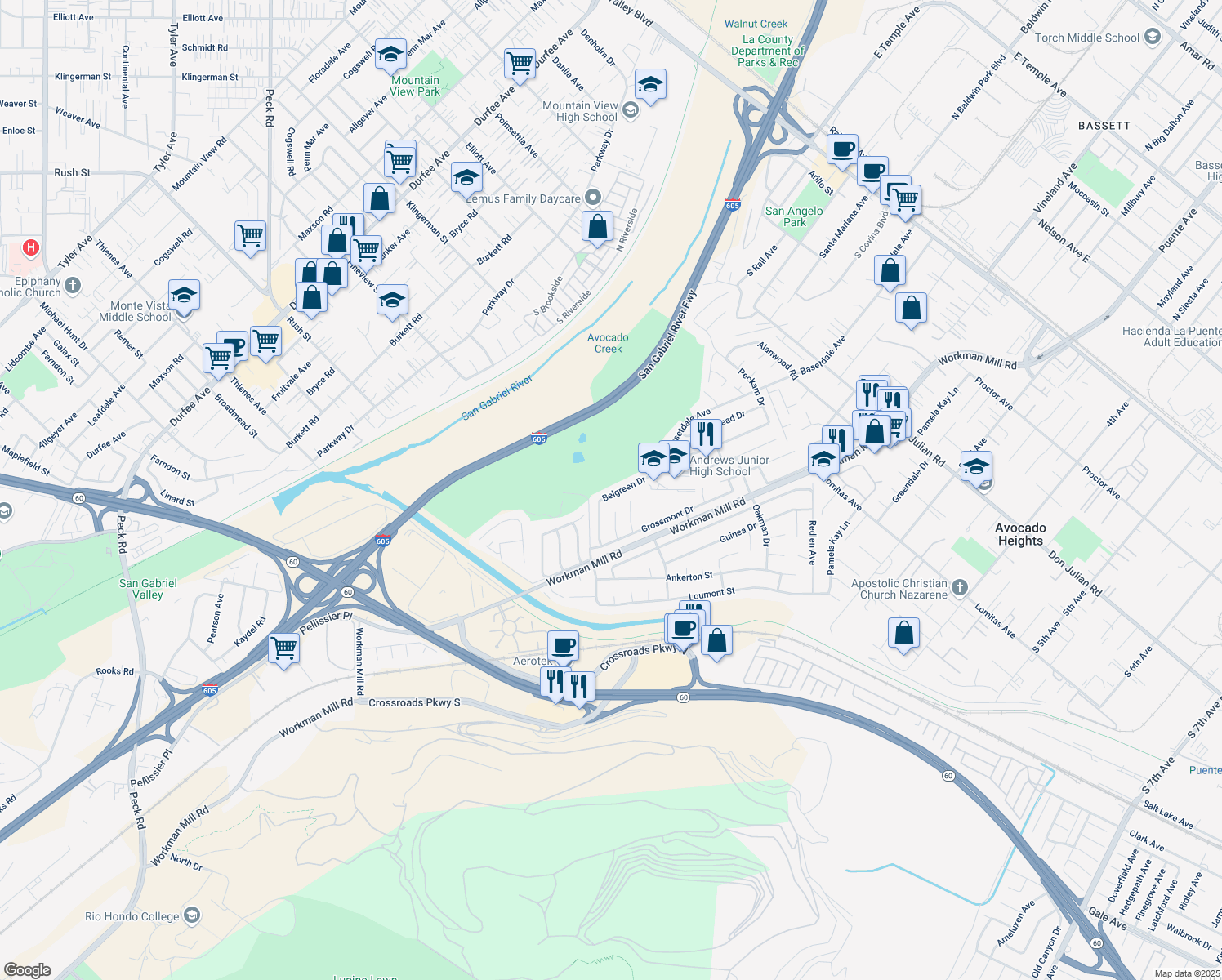 map of restaurants, bars, coffee shops, grocery stores, and more near 1257 Belgreen Drive in Whittier