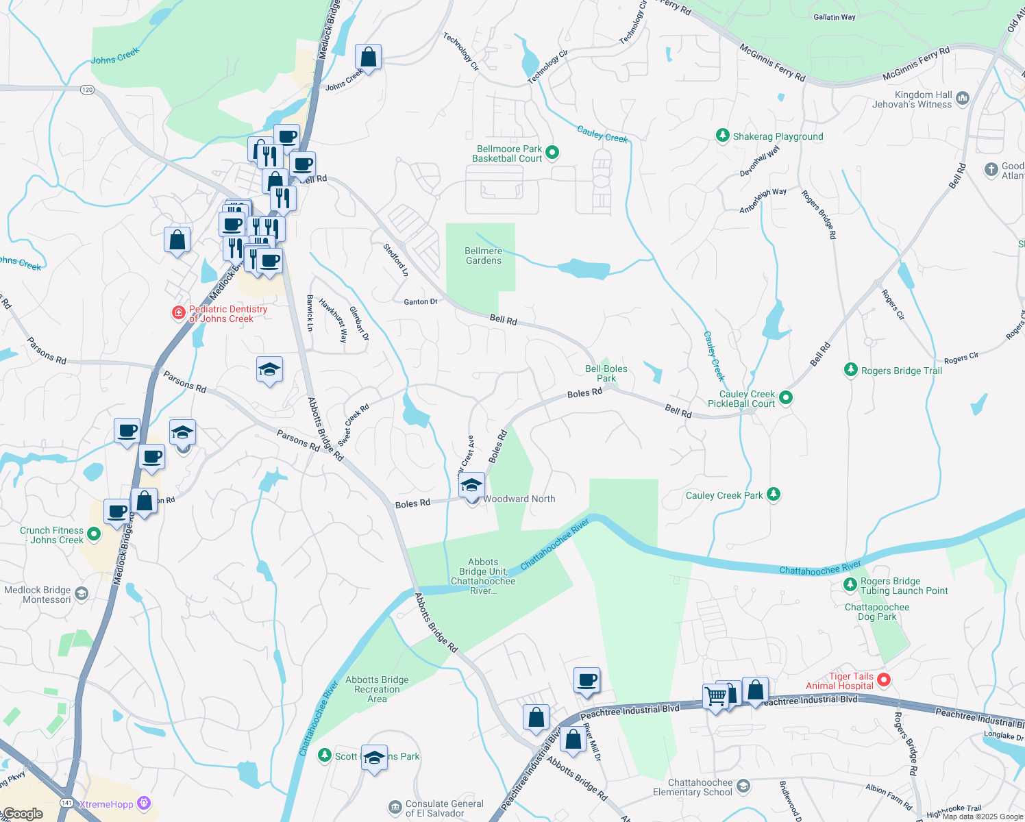 map of restaurants, bars, coffee shops, grocery stores, and more near 280 Selkirk Lane in Duluth