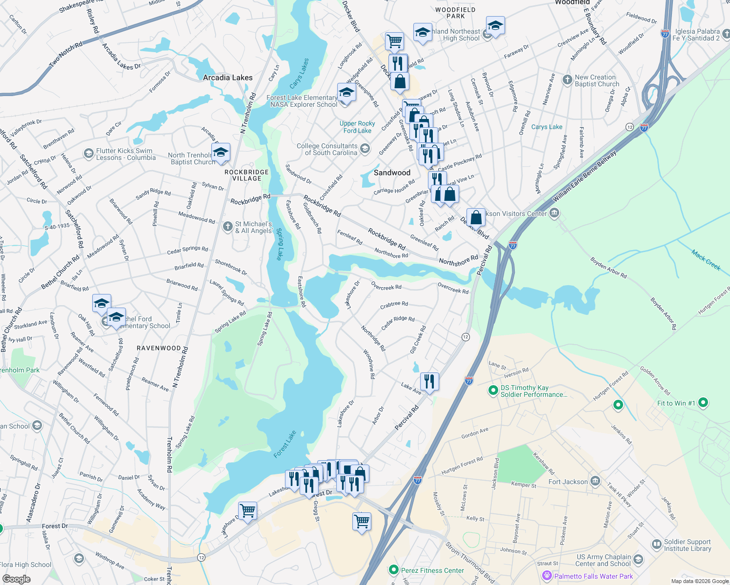 map of restaurants, bars, coffee shops, grocery stores, and more near 6049 Robinwood Road in Columbia