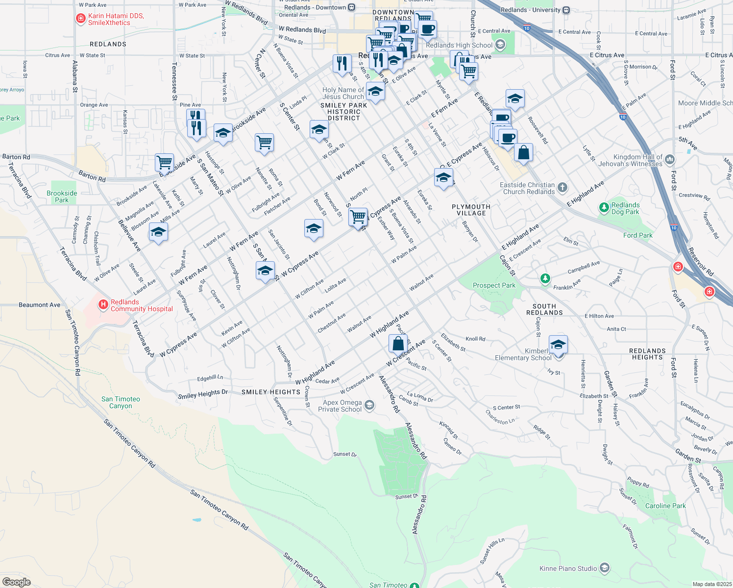 map of restaurants, bars, coffee shops, grocery stores, and more near 922 Chestnut Avenue in Redlands