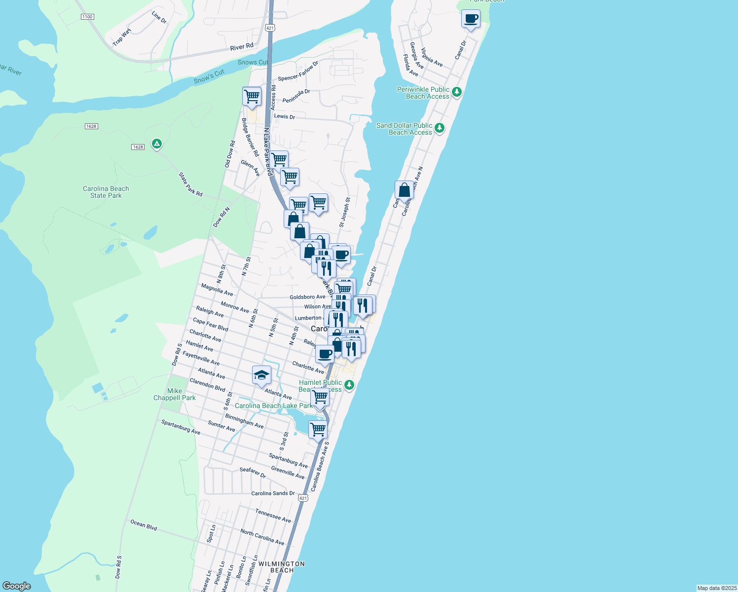 map of restaurants, bars, coffee shops, grocery stores, and more near 404 Canal Drive in Carolina Beach
