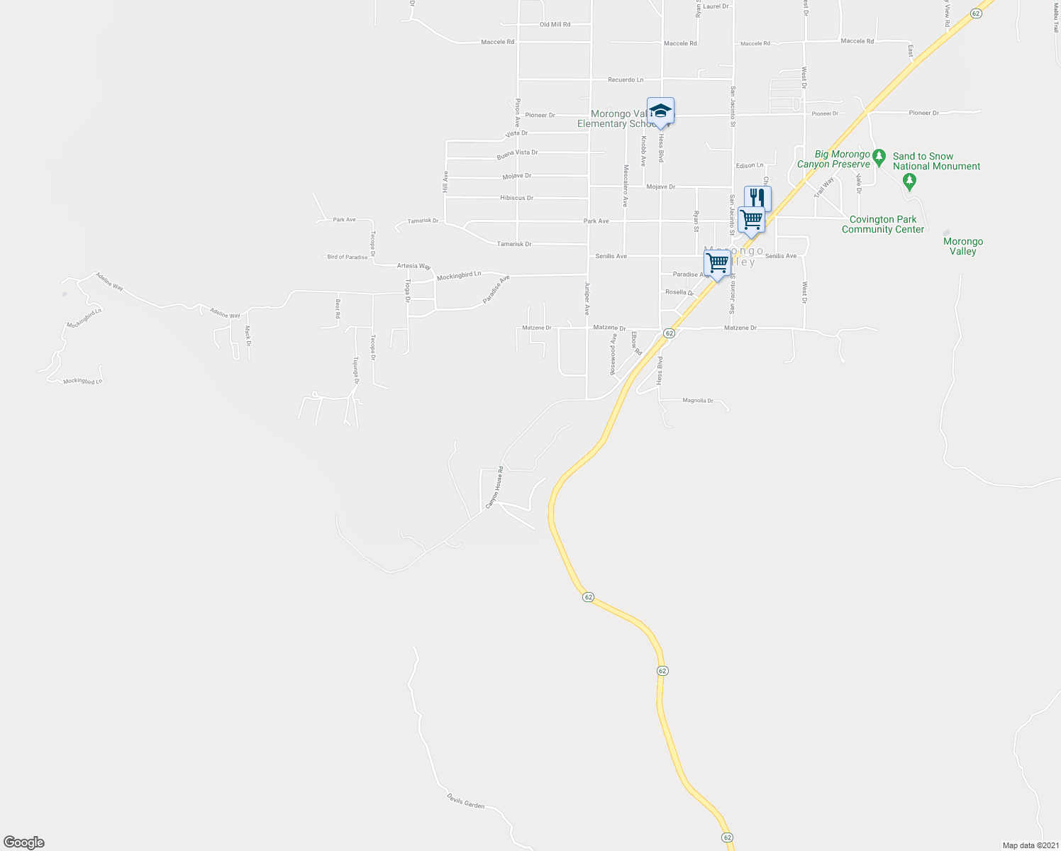 map of restaurants, bars, coffee shops, grocery stores, and more near Canyon House Road in Morongo Valley