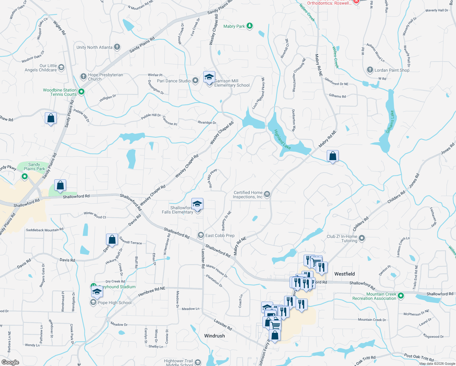 map of restaurants, bars, coffee shops, grocery stores, and more near 4025 Rock Mill Pkwy in Marietta