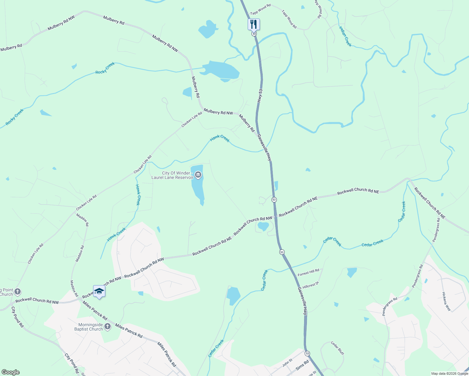 map of restaurants, bars, coffee shops, grocery stores, and more near 869 Laurel Lane in Winder