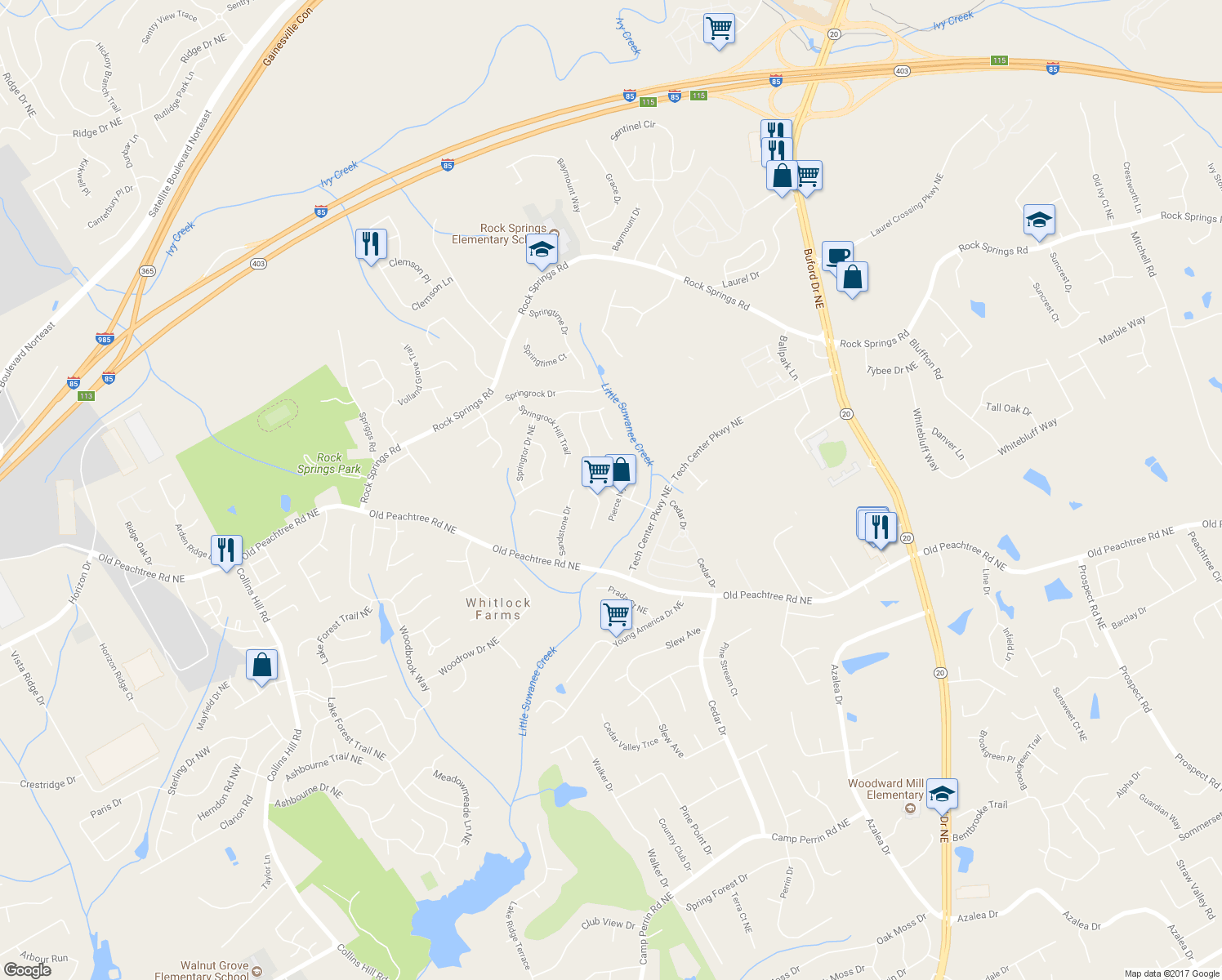 map of restaurants, bars, coffee shops, grocery stores, and more near 963 Pierce Brennen Drive Northeast in Lawrenceville
