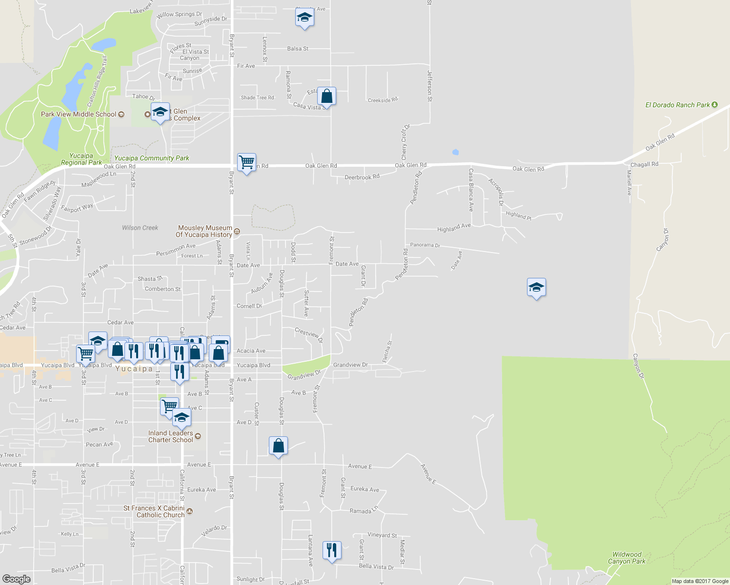 map of restaurants, bars, coffee shops, grocery stores, and more near 35841 Cornell Drive in Yucaipa