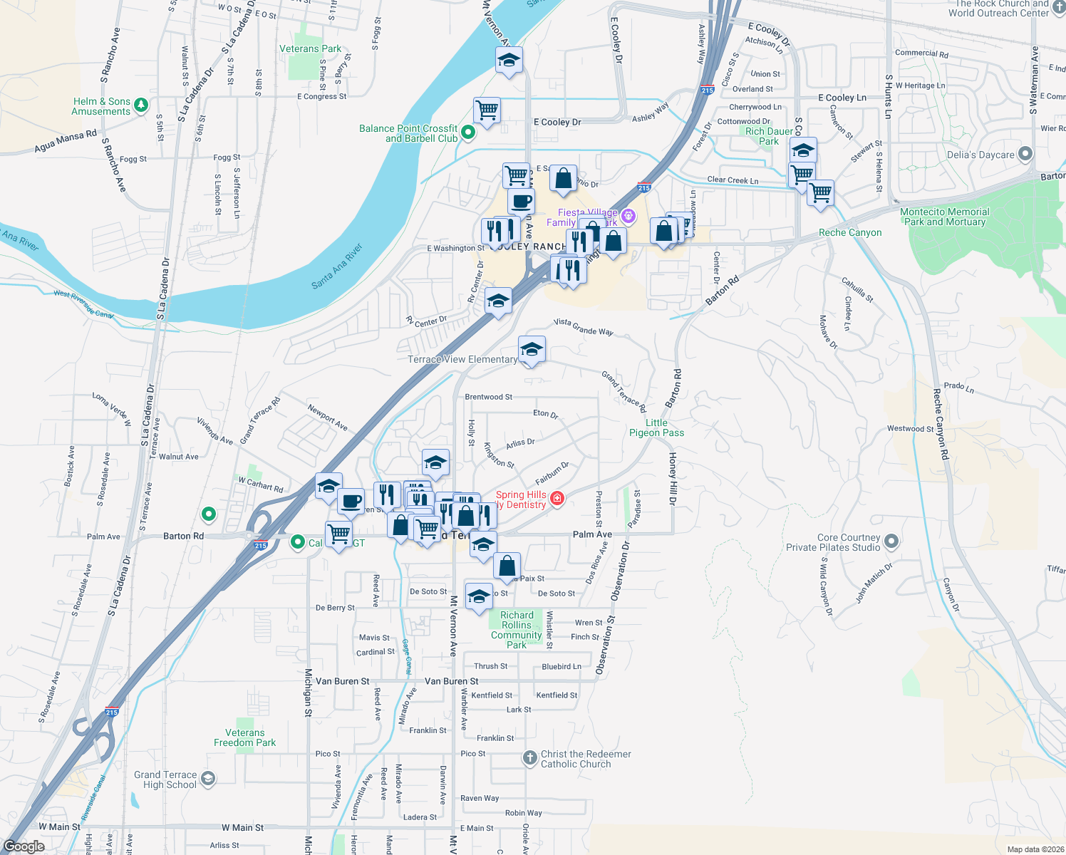 map of restaurants, bars, coffee shops, grocery stores, and more near 11806 Arliss Way in Grand Terrace