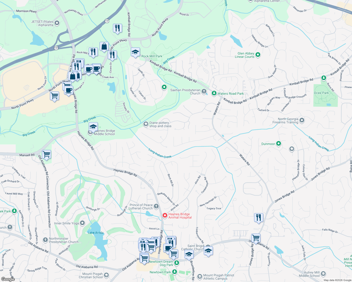 map of restaurants, bars, coffee shops, grocery stores, and more near 3230 Waters Mill Dr in Alpharetta