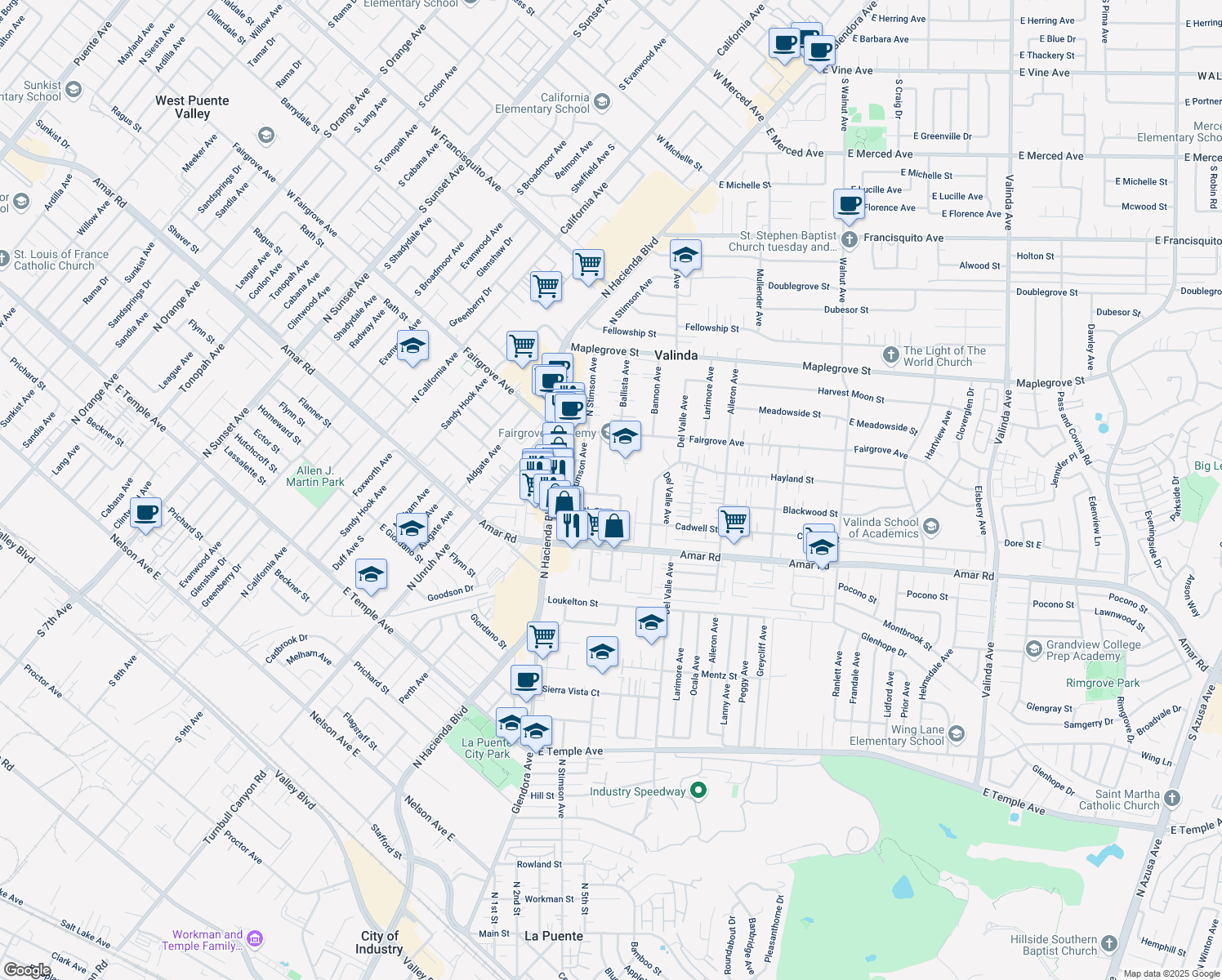map of restaurants, bars, coffee shops, grocery stores, and more near 15553 Blackwood Street in La Puente
