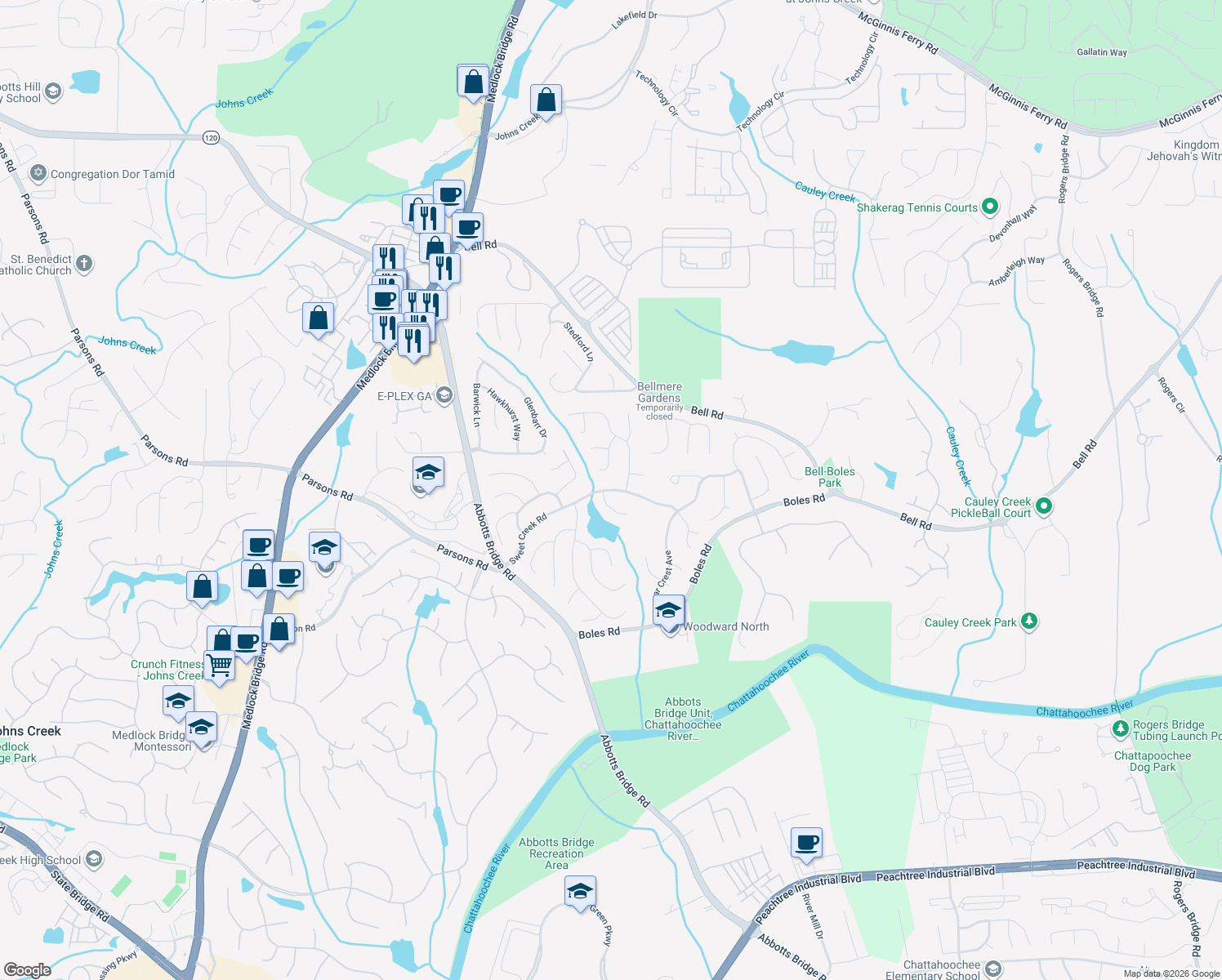 map of restaurants, bars, coffee shops, grocery stores, and more near 7040 Sweet Creek Rd in Johns Creek