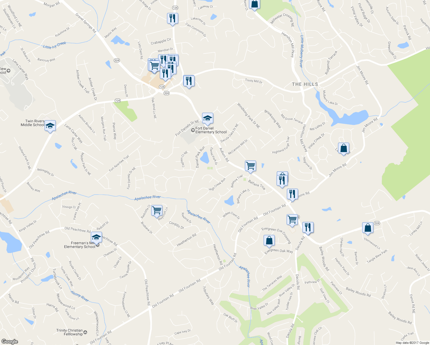map of restaurants, bars, coffee shops, grocery stores, and more near 1560 Daniel Park Drive in Dacula
