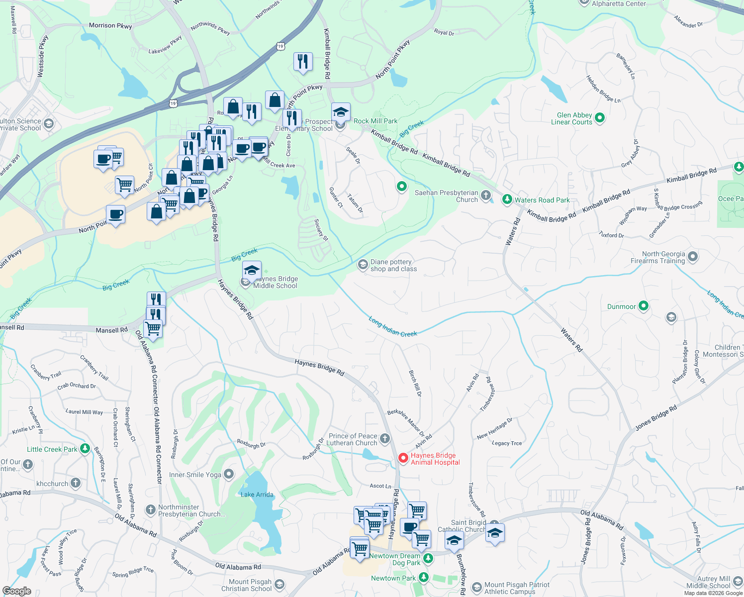 map of restaurants, bars, coffee shops, grocery stores, and more near 8520 High Hampton Chase in Alpharetta