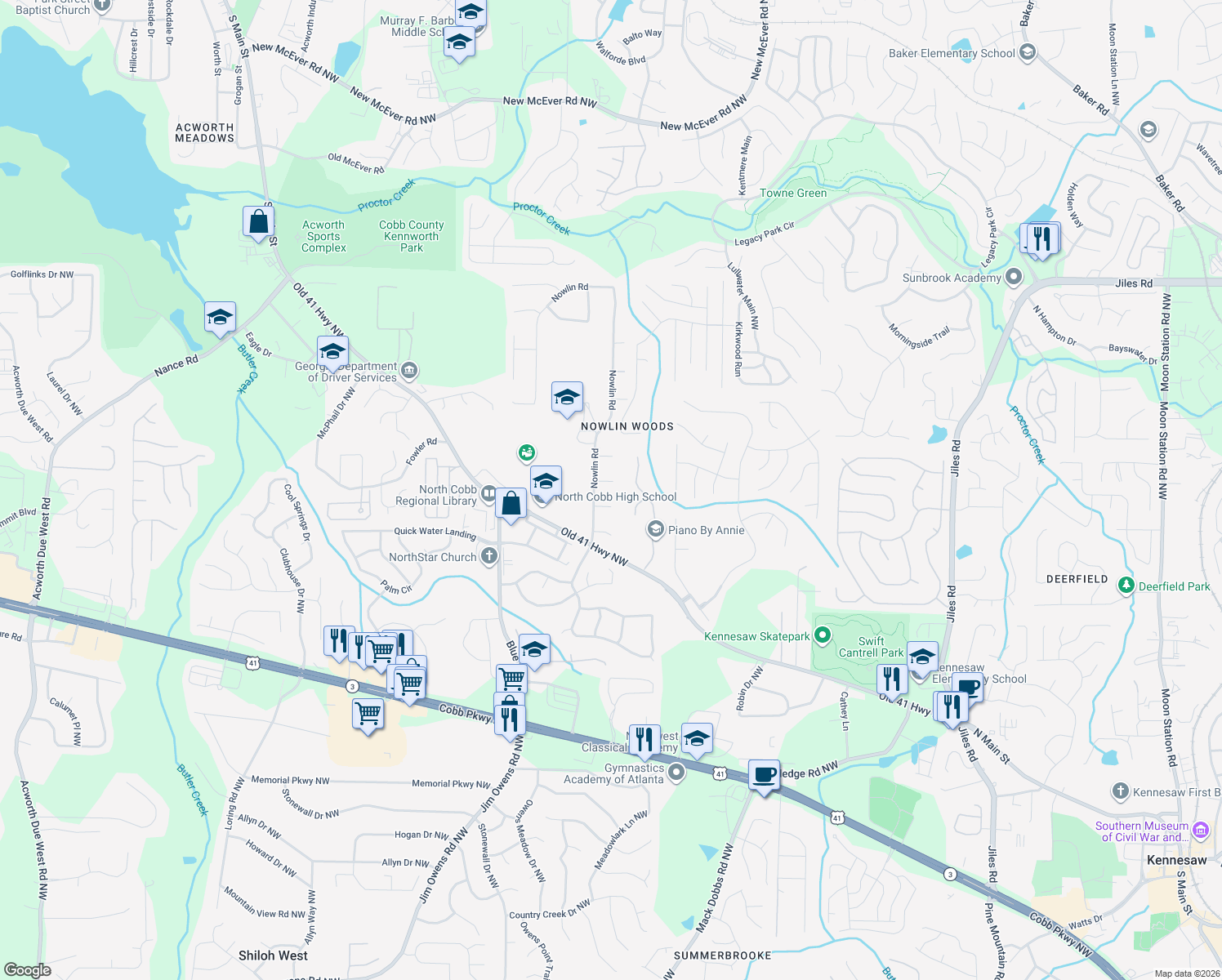 map of restaurants, bars, coffee shops, grocery stores, and more near 3354 Williamsburg Court Northwest in Kennesaw