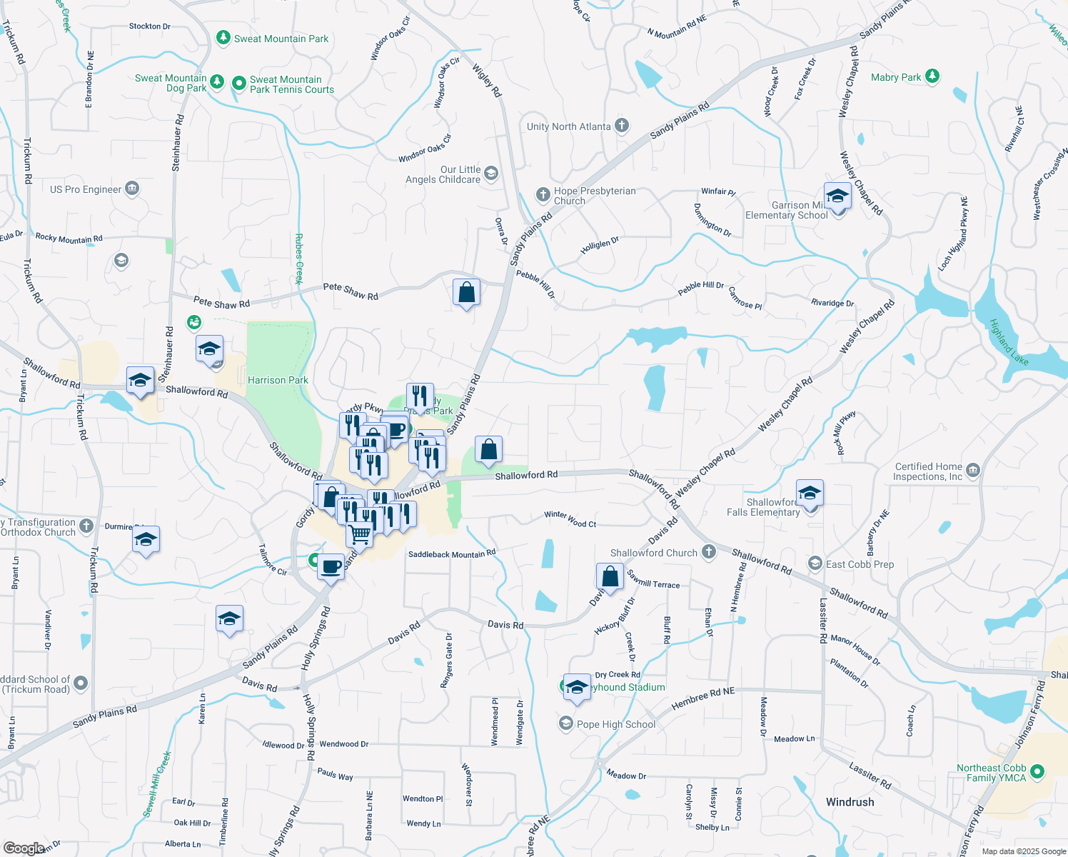 map of restaurants, bars, coffee shops, grocery stores, and more near 3662 Bramblewood Way in Marietta