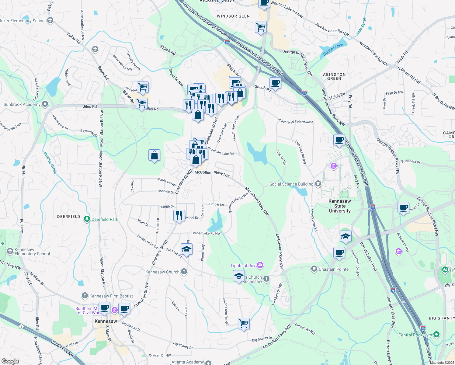 map of restaurants, bars, coffee shops, grocery stores, and more near 9 Duffers Court in Kennesaw