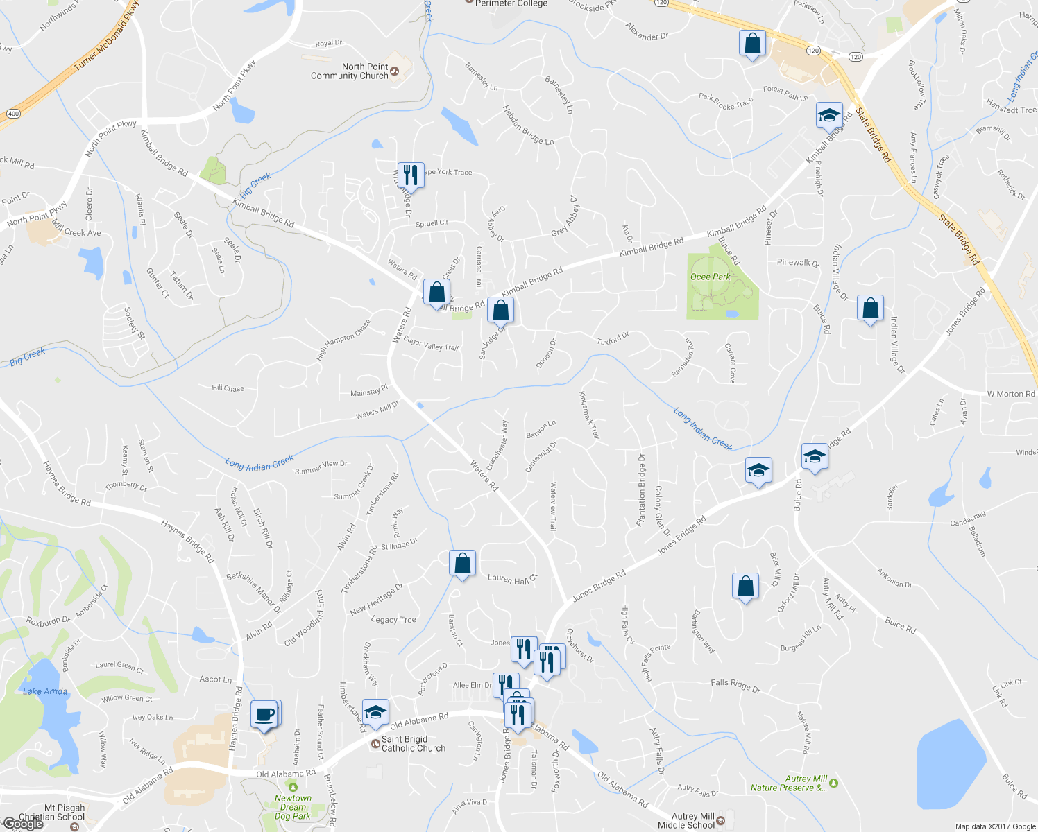 map of restaurants, bars, coffee shops, grocery stores, and more near 290 Woodbury Way in Alpharetta