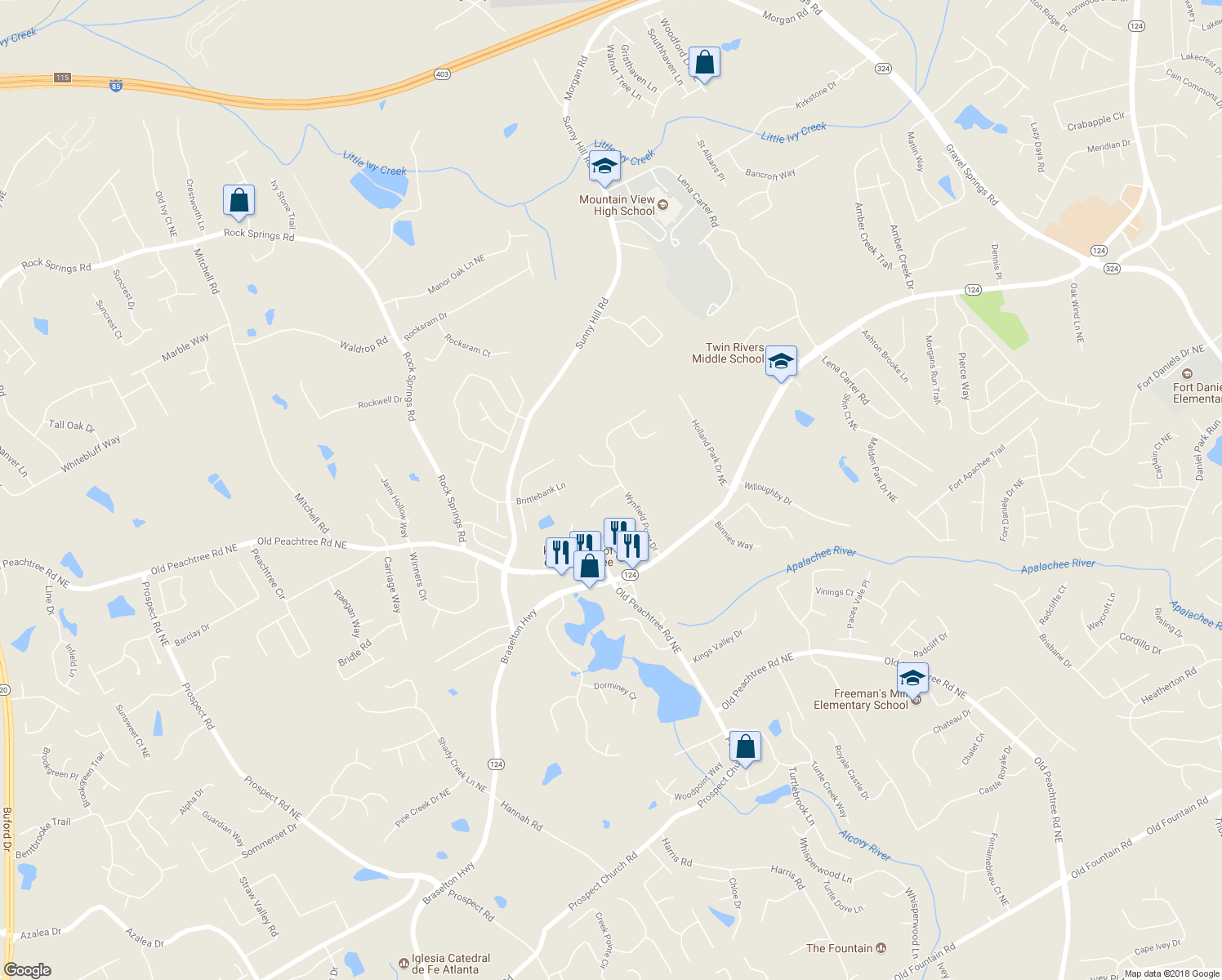 map of restaurants, bars, coffee shops, grocery stores, and more near 1974 Firelight Lane in Buford