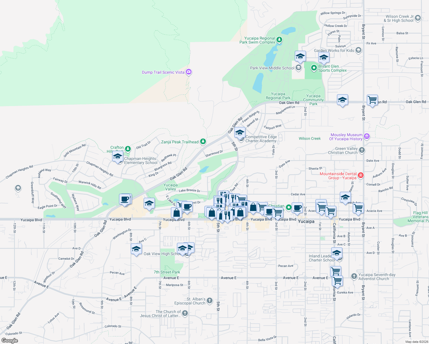 map of restaurants, bars, coffee shops, grocery stores, and more near 34290 Forest Oaks Drive in Yucaipa