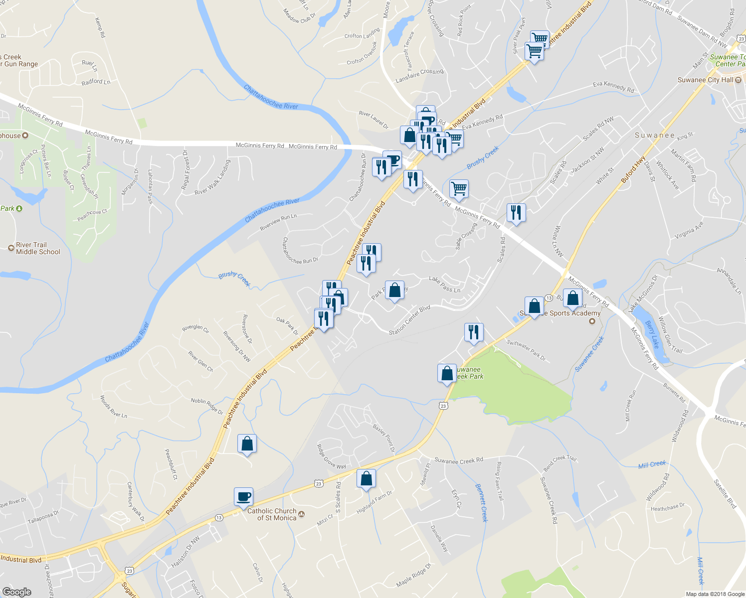 map of restaurants, bars, coffee shops, grocery stores, and more near 1222 Park Pass Way in Suwanee