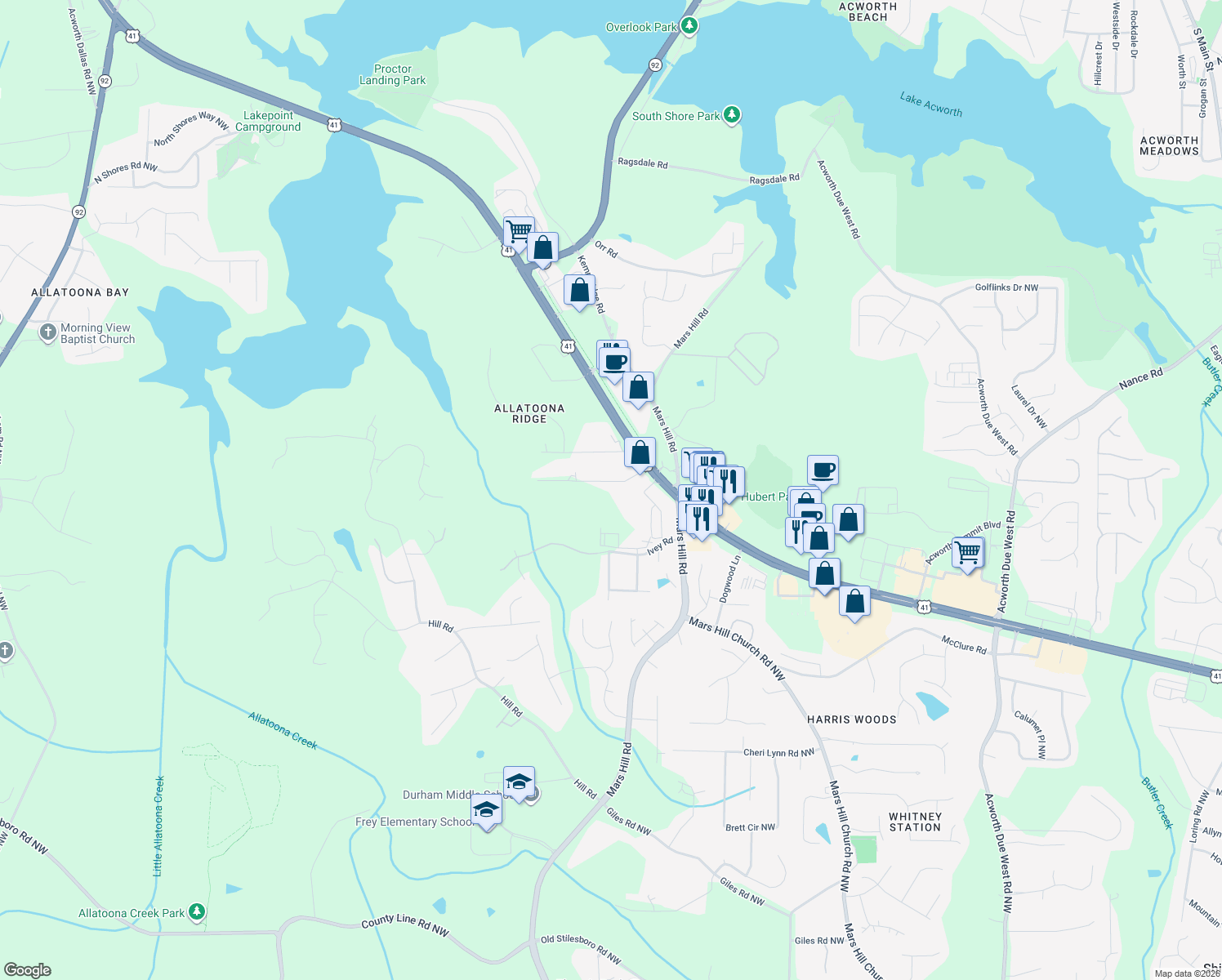 map of restaurants, bars, coffee shops, grocery stores, and more near 4989 Womack Avenue in Acworth