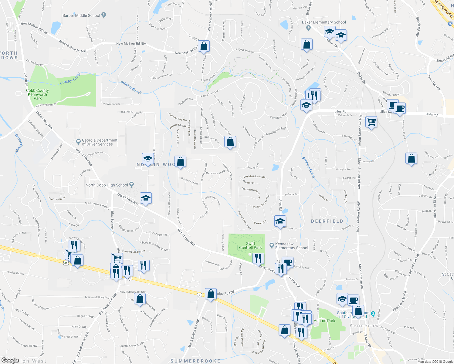 map of restaurants, bars, coffee shops, grocery stores, and more near 3074 Elmendorf Lane Northwest in Kennesaw