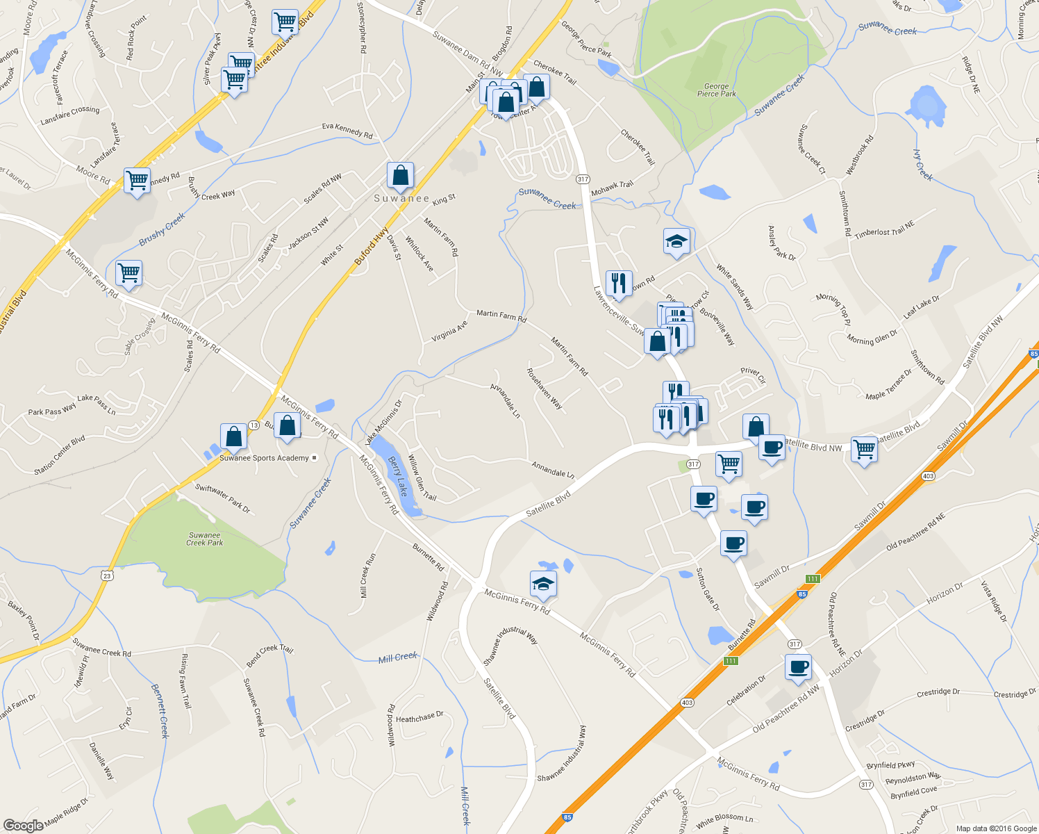 map of restaurants, bars, coffee shops, grocery stores, and more near 3835 Annandale Lane in Suwanee